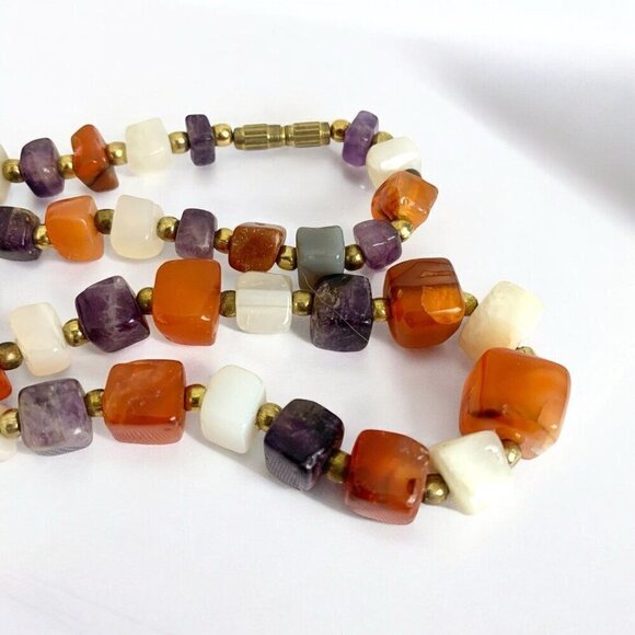 Vintage Carnelian Amethyst Milky Quartz Natural Stone 20" Necklace - Picture 6 of 7